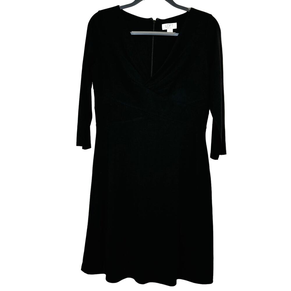 Ann Taylor Loft Petite Black 3/4 Sleeve Plunge Surplice A-Line Dress Size 10P